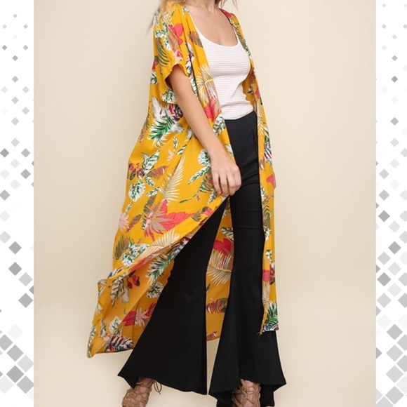 NWT UMGEE Yellow Tropical Print Kimono Duster Short Sleeve Cardigan Small - Picture 4 of 10